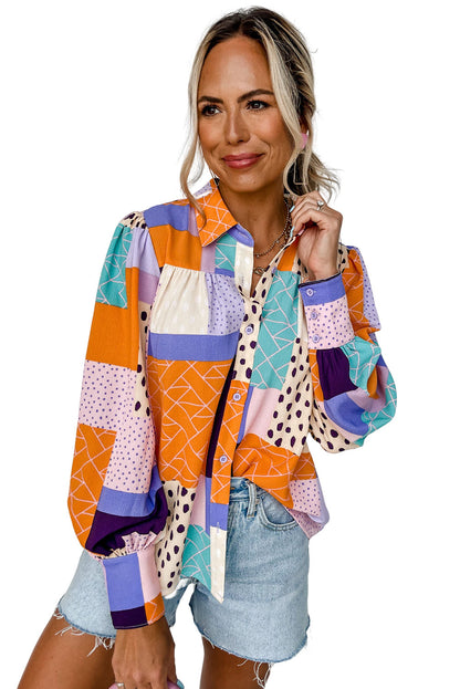 Multicolor Mixed Print Button Front Cuffed Sleeve Shirt