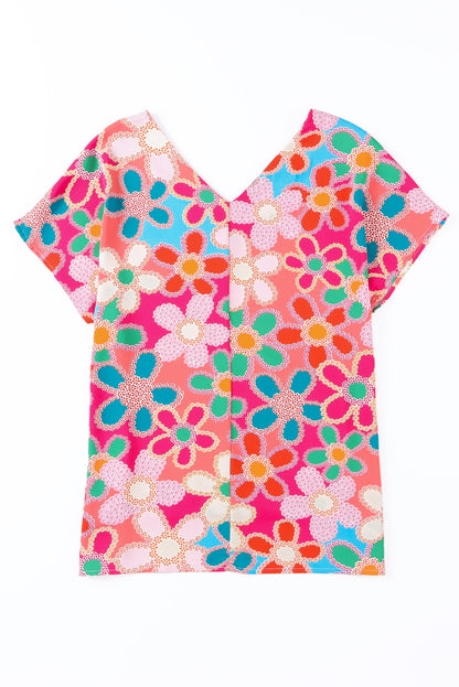 Pink Abstract Print V Neck Dolman Blouse