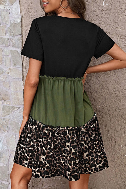 Jungle Green Leopard Print Colorblock Frill Trim T-shirt Dress