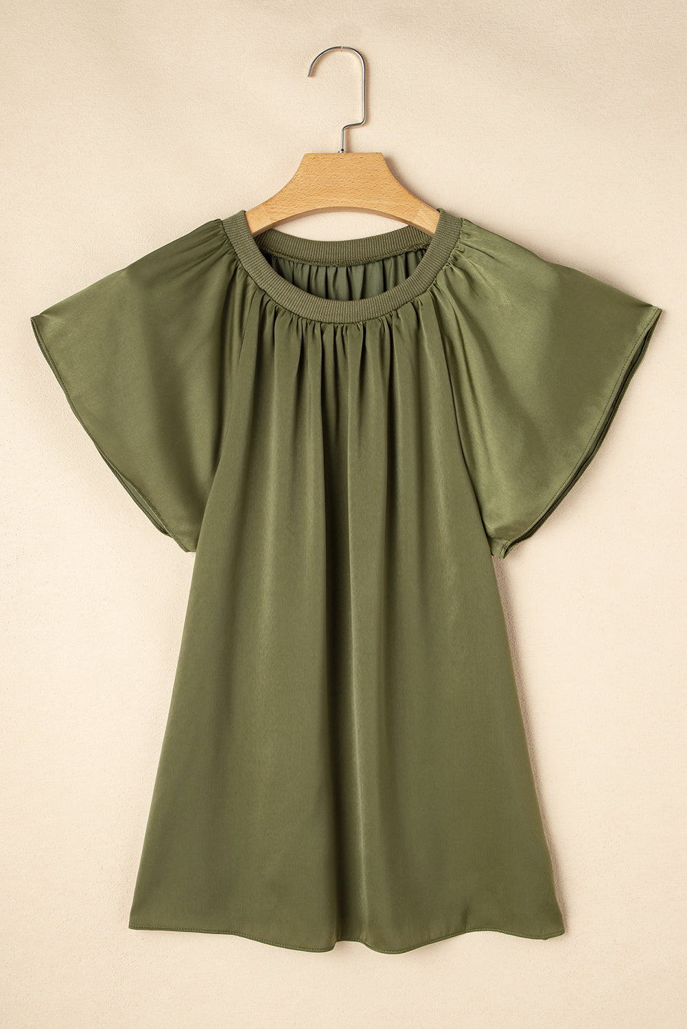 Jungle Green Pleated Flutter Sleeve Satin Top