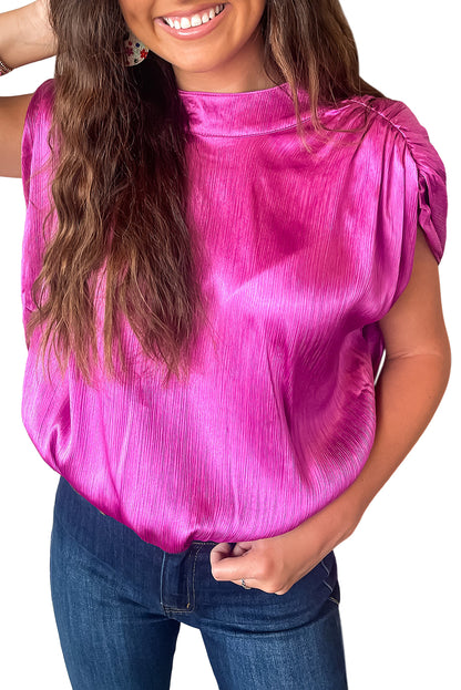 Bright Pink Ruched Sleeves Knotted Backless Blouse