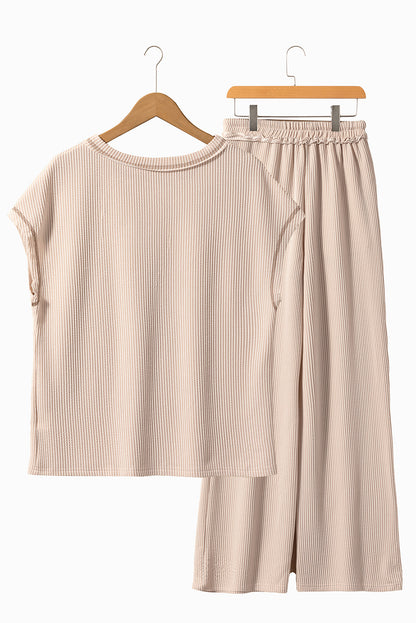 Parchment Exposed Seam Ribbed Tee and Pants Two-piece Outfit