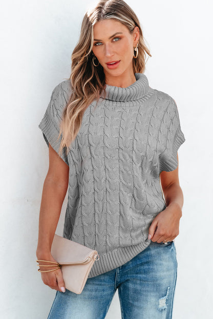 Medium Grey Cable Knit Turtleneck Batwing Sleeve Sweater