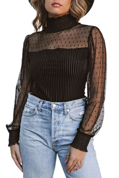 Black Sheer Dotty Long Sleeve Ribbed Velvet Bodysuit