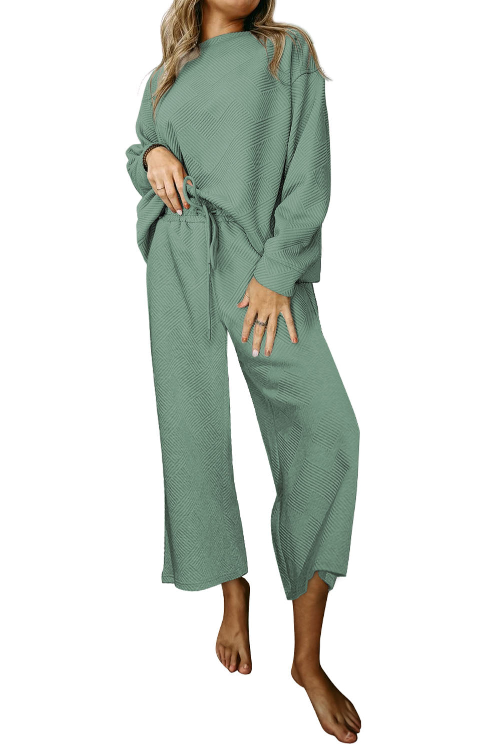 Dark Khaki Textured Loose Slouchy Long Sleeve Top and Pants Set