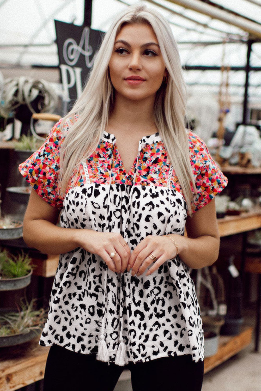 Leopard Mix Print Tassel Tie Blouse