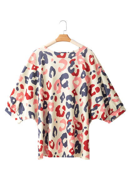 White Colorful Leopard Print Batwing Sleeve Plus Blouse