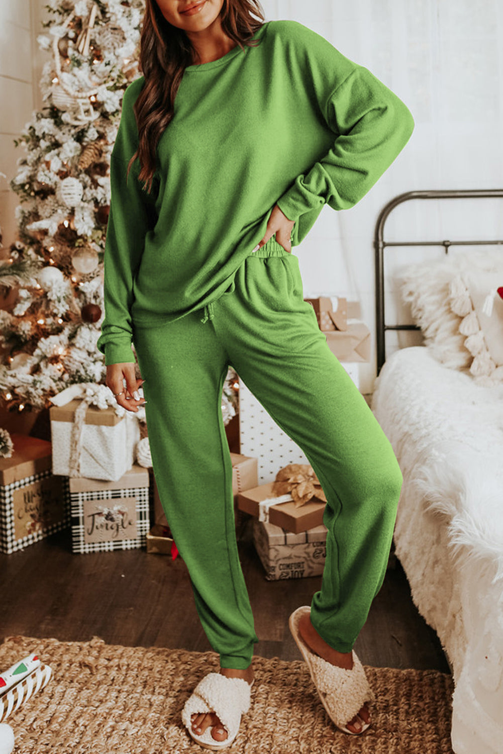 Red Casual Long Sleeve Pullover & Joggers Pajamas Set