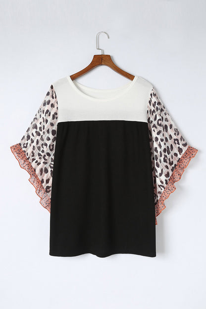 Black Rib Knit Animal Print Ruffle Sleeves Plus Size Top