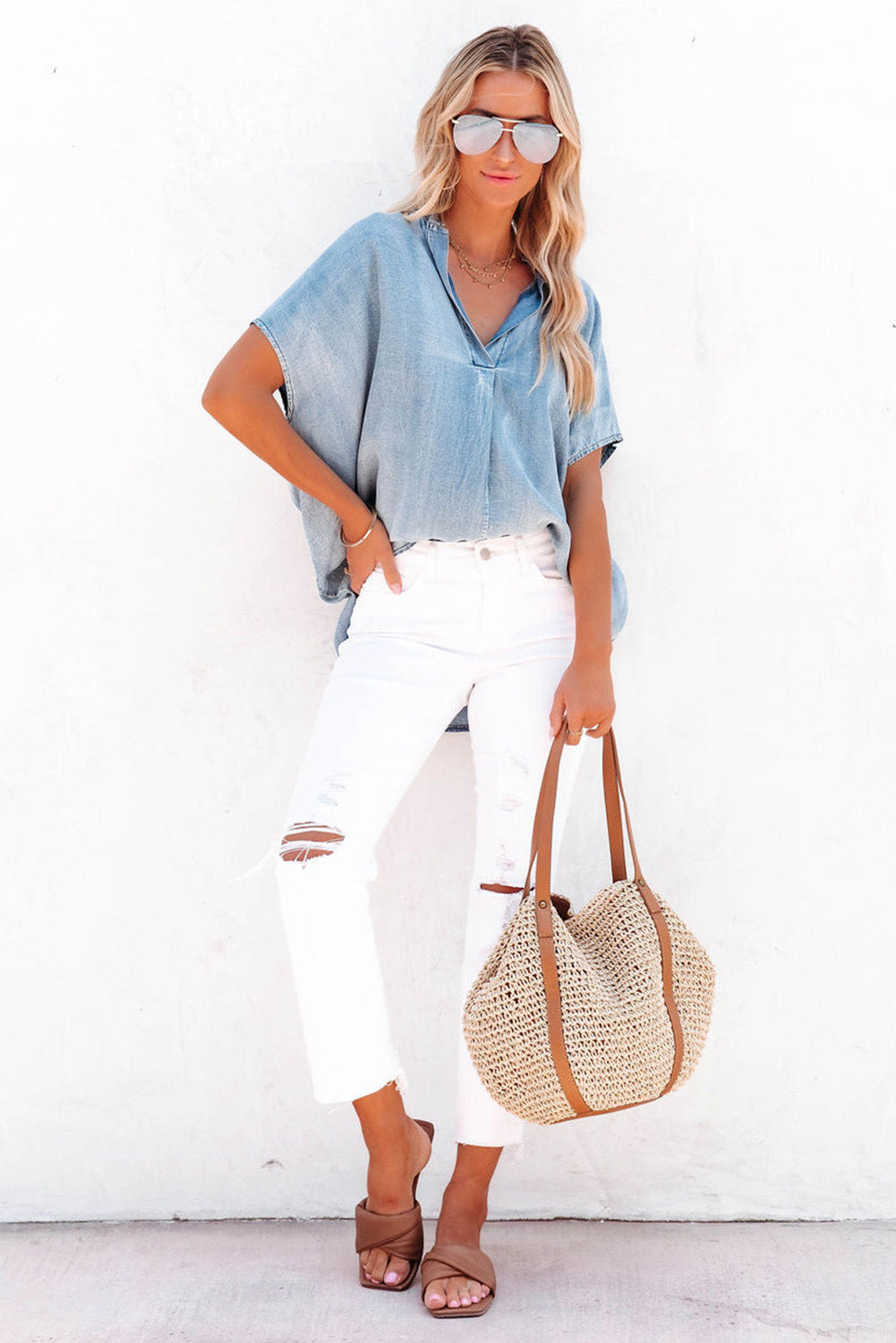 Sky Blue Split V Neck Oversized Denim Blouse