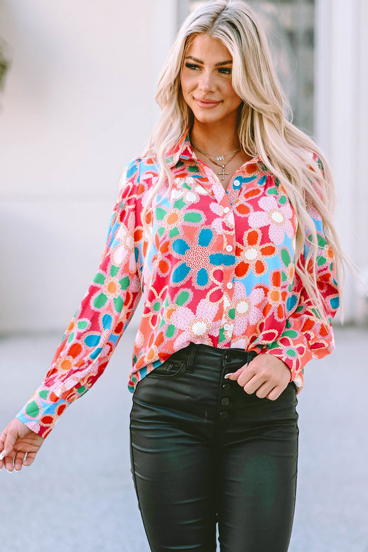 Multicolor Floral Print Bubble Sleeve Shirt