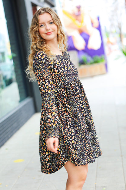 Feeling Adorable Black Ditzy Floral Long Sleeve Babydoll Dress