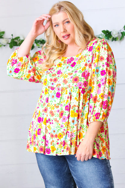 Daffodil Square Neck Peplum Floral Challis Woven Top