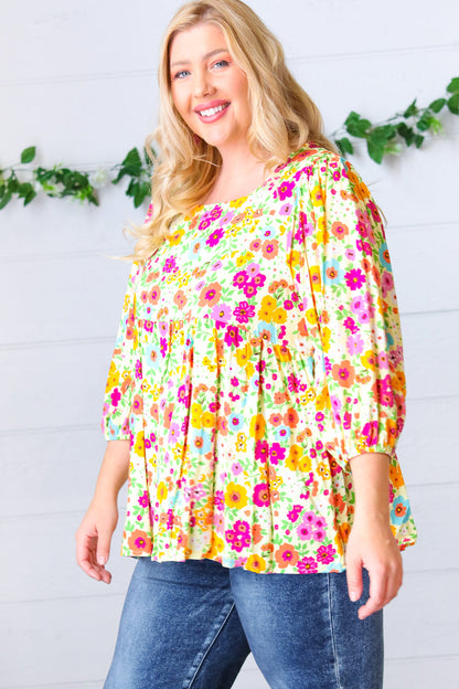 Daffodil Square Neck Peplum Floral Challis Woven Top