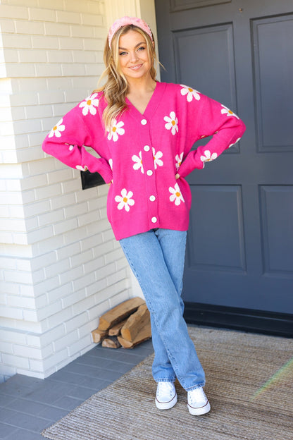 All For Love Fuchsia Daisy Print Button Down Knit Cardigan