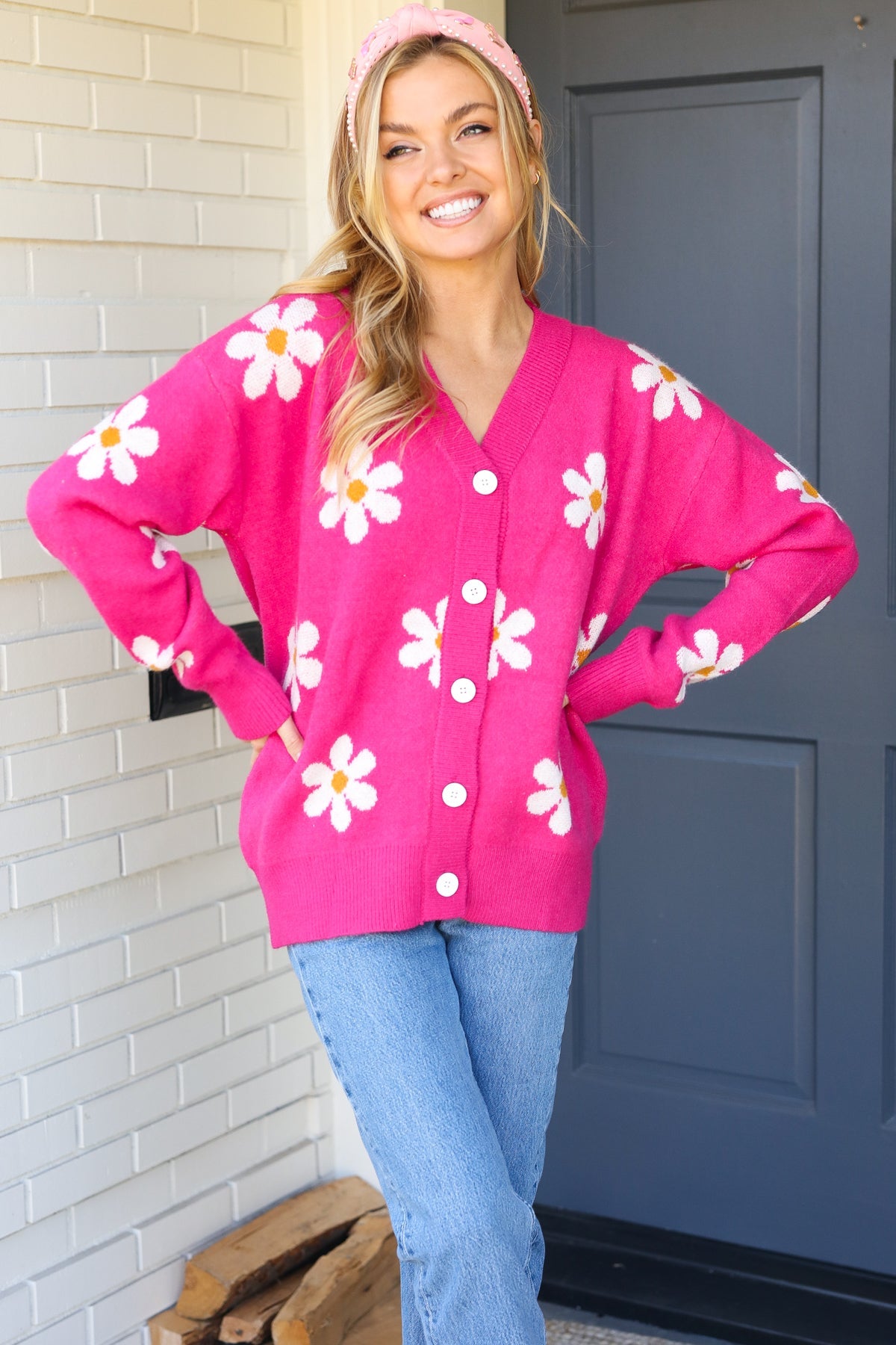 All For Love Fuchsia Daisy Print Button Down Knit Cardigan