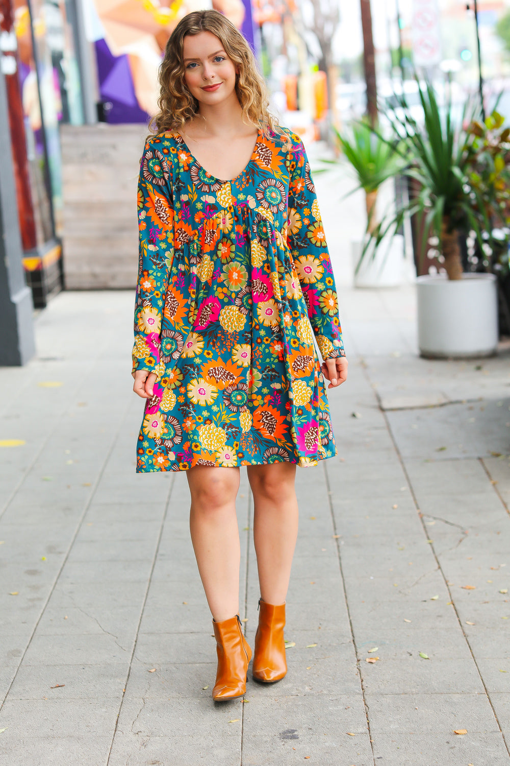 All About It Teal Vibrant Floral Pocketed Dress