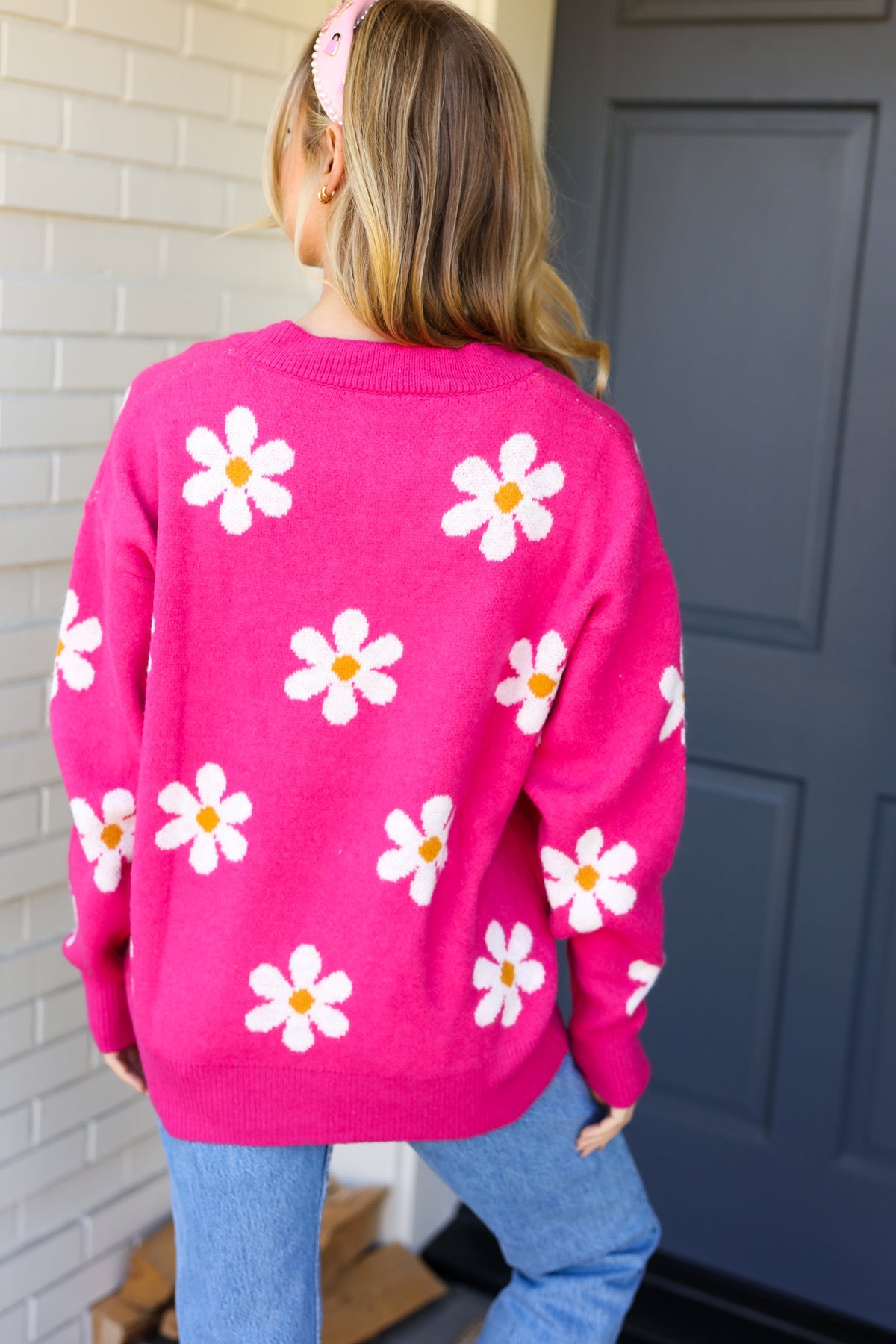 All For Love Fuchsia Daisy Print Button Down Knit Cardigan