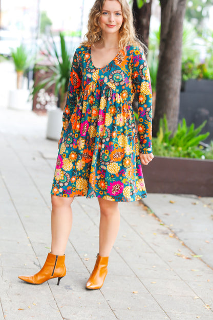 All About It Teal Vibrant Floral Pocketed Dress