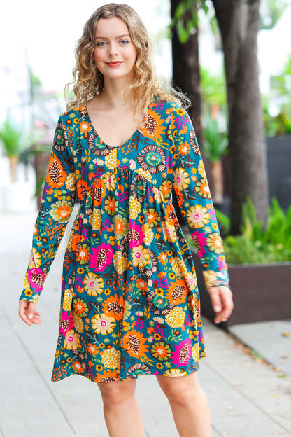 All About It Teal Vibrant Floral Pocketed Dress