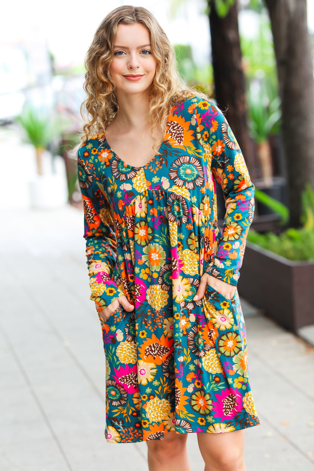 All About It Teal Vibrant Floral Pocketed Dress