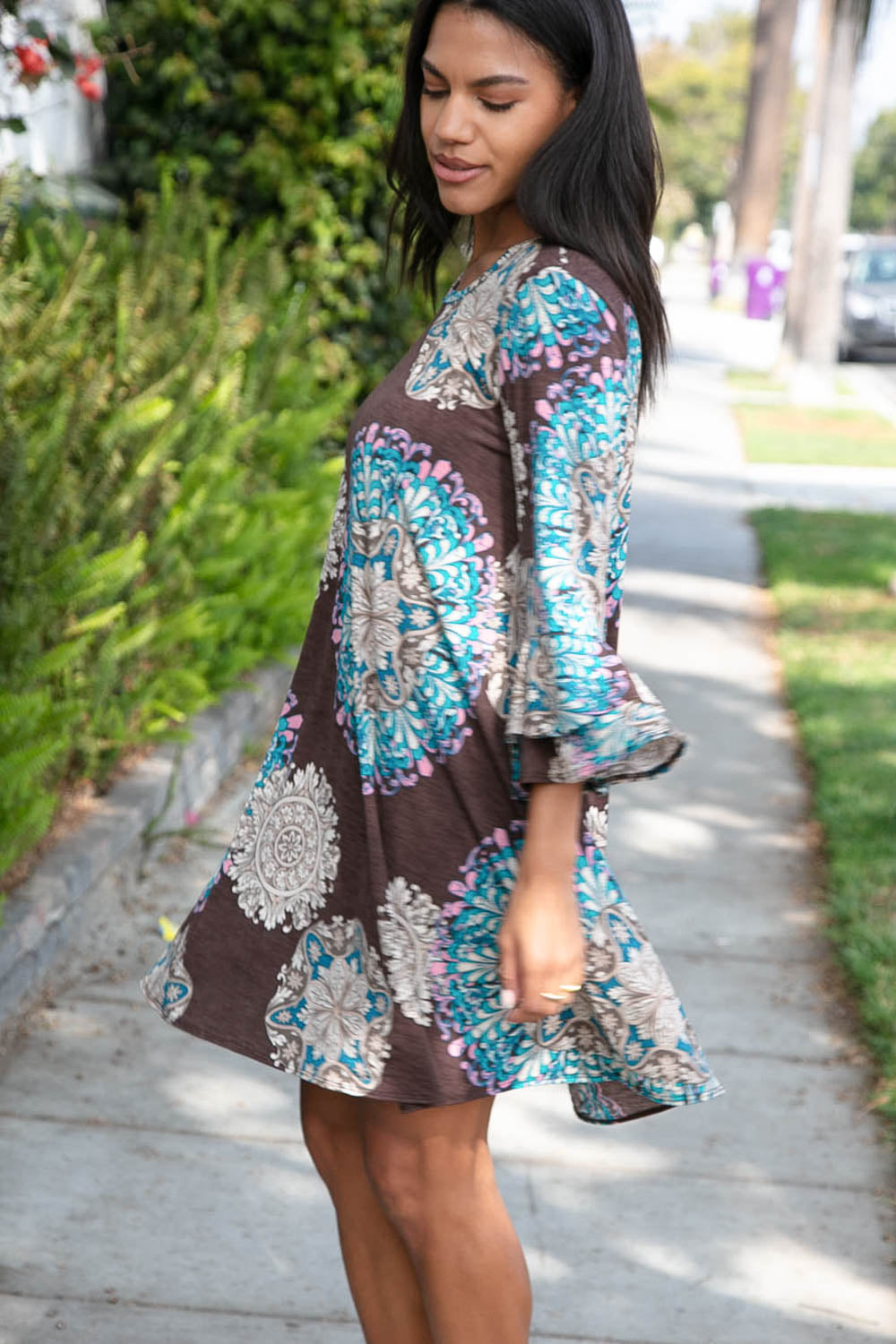 Geo Paisley Print Ruffle Sleeve Pocketed Dress