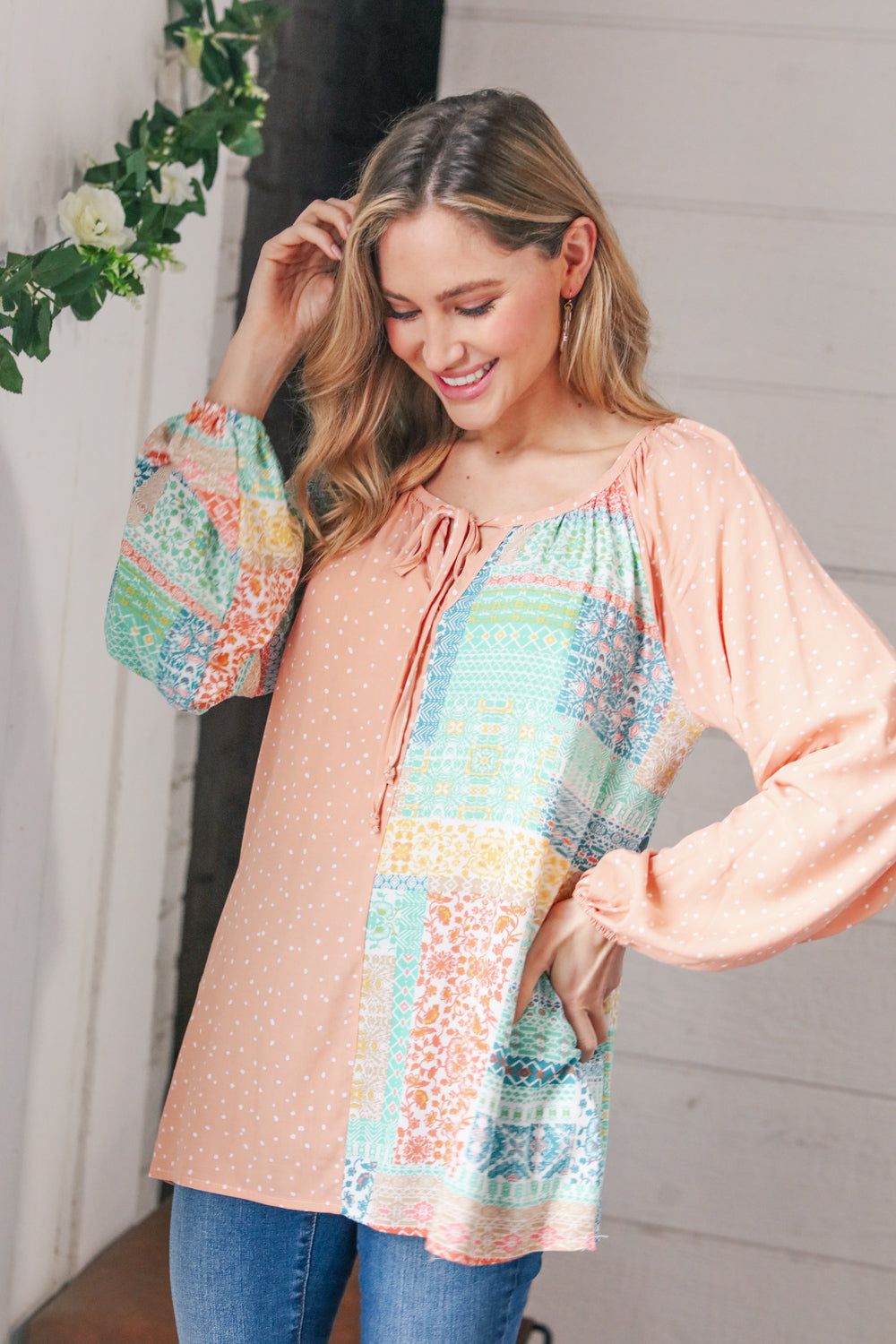 Peach & Mint Floral Color Block Raglan Peasant Top