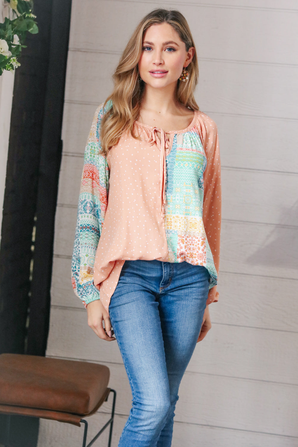 Peach & Mint Floral Color Block Raglan Peasant Top