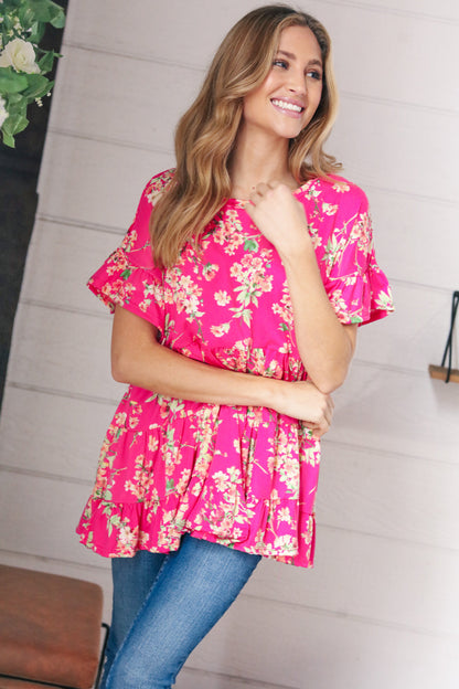 Fuchsia Floral Frill Ruffle Hem Tiered Swing Top