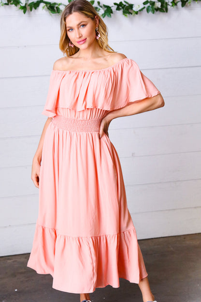 Coral off Shoulder Smocked Waist Ruffle Sleeve Midi Dress