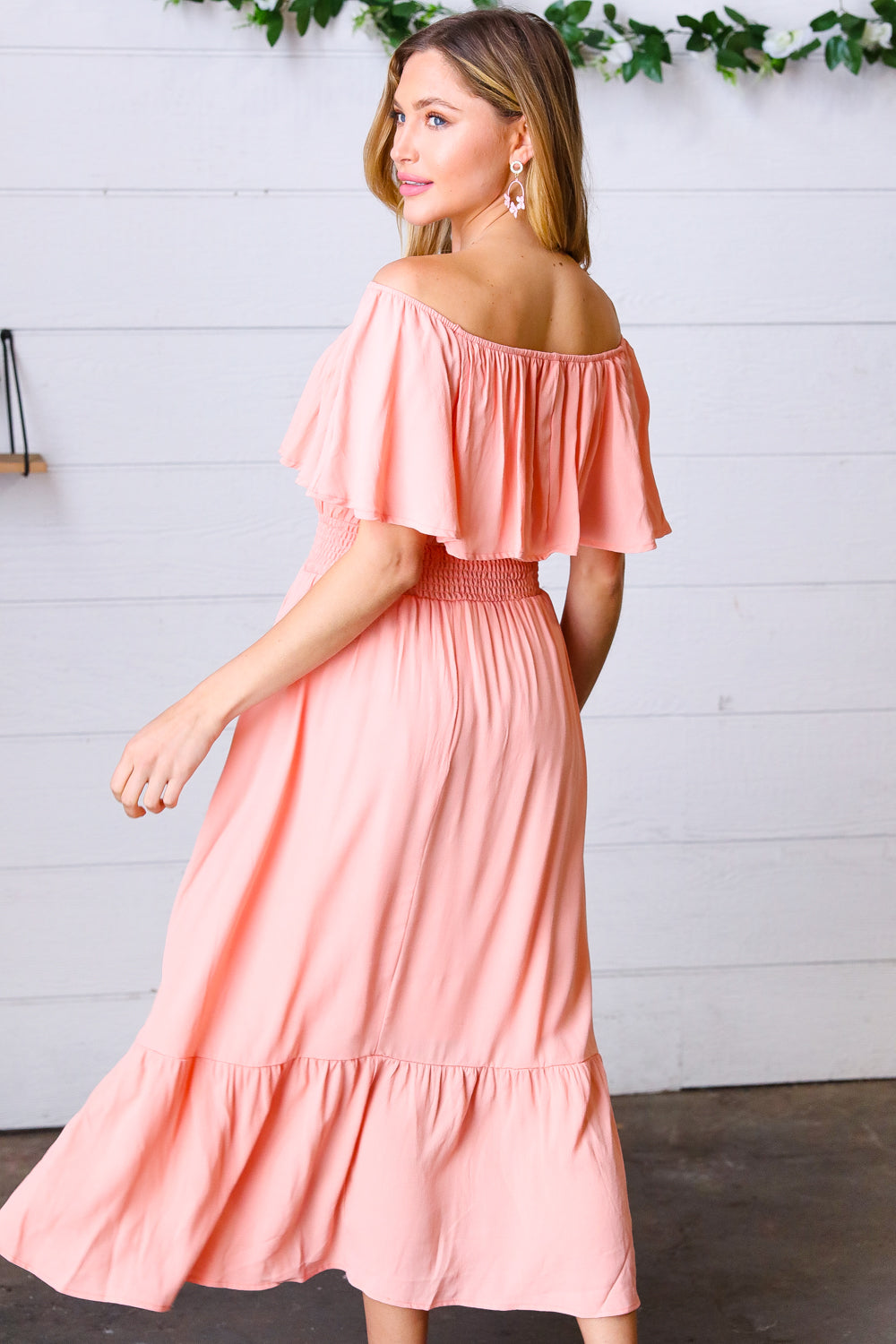 Coral off Shoulder Smocked Waist Ruffle Sleeve Midi Dress