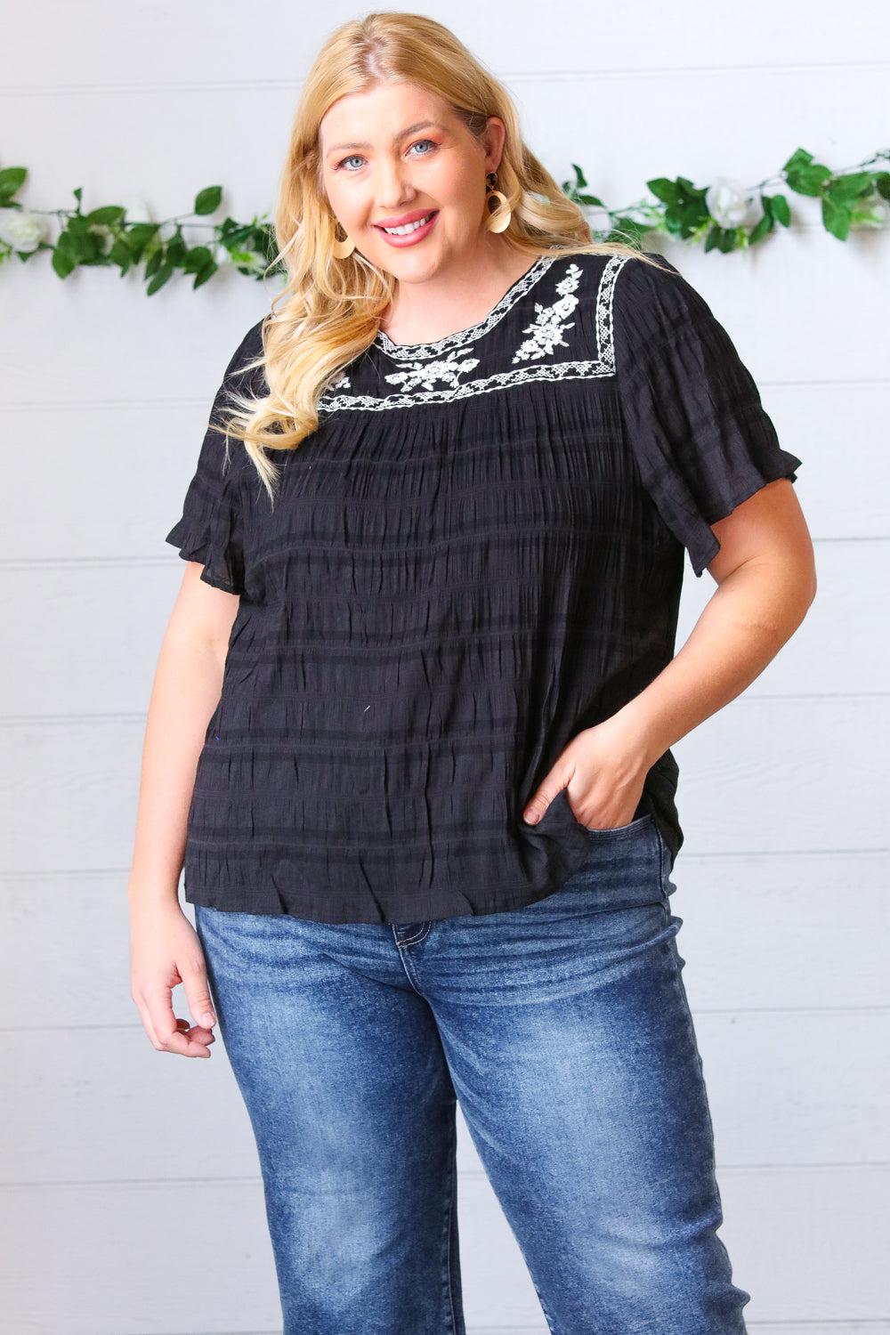 Black Embroidered Smocked Top