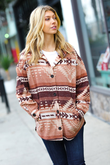 Beige & Brown Brushed Aztec Oversize Pocket Shacket