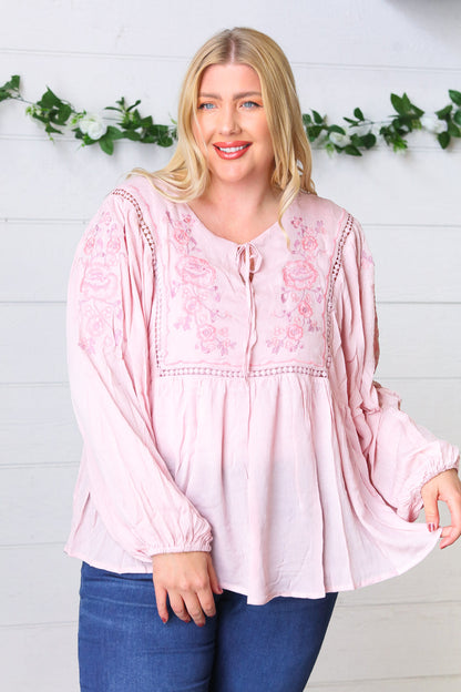 Blush Embroidered Tie String Peasant Top