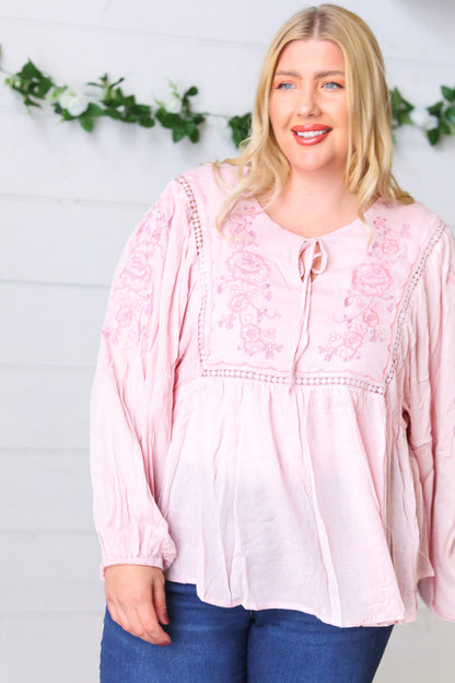 Blush Embroidered Tie String Peasant Top