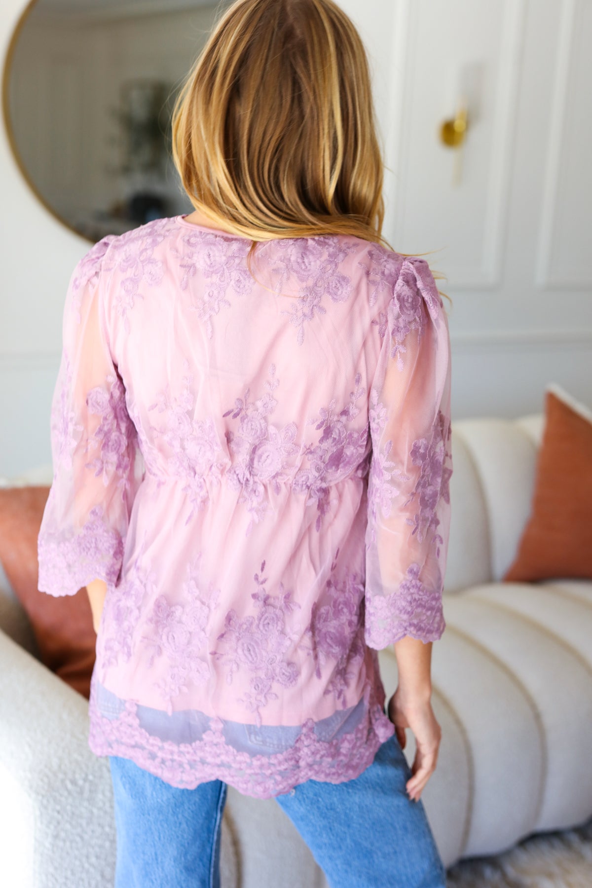 Crazy For You Mauve Lace Embroidered V Neck Top