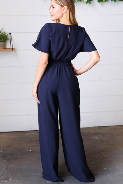 Dark Blue Smocked Waist Notch Neck Crepe Jumpsuit