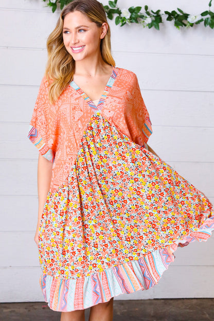 Apricot Boho Flower Colorblock V Neck Dress