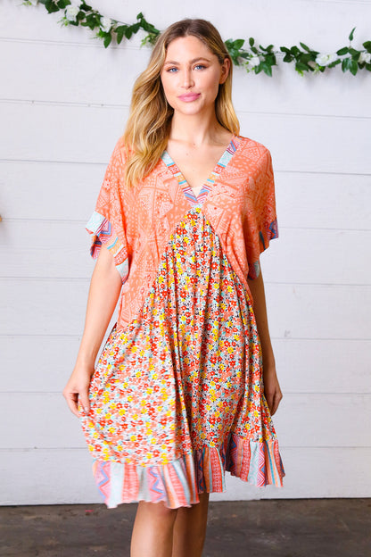 Apricot Boho Flower Colorblock V Neck Dress