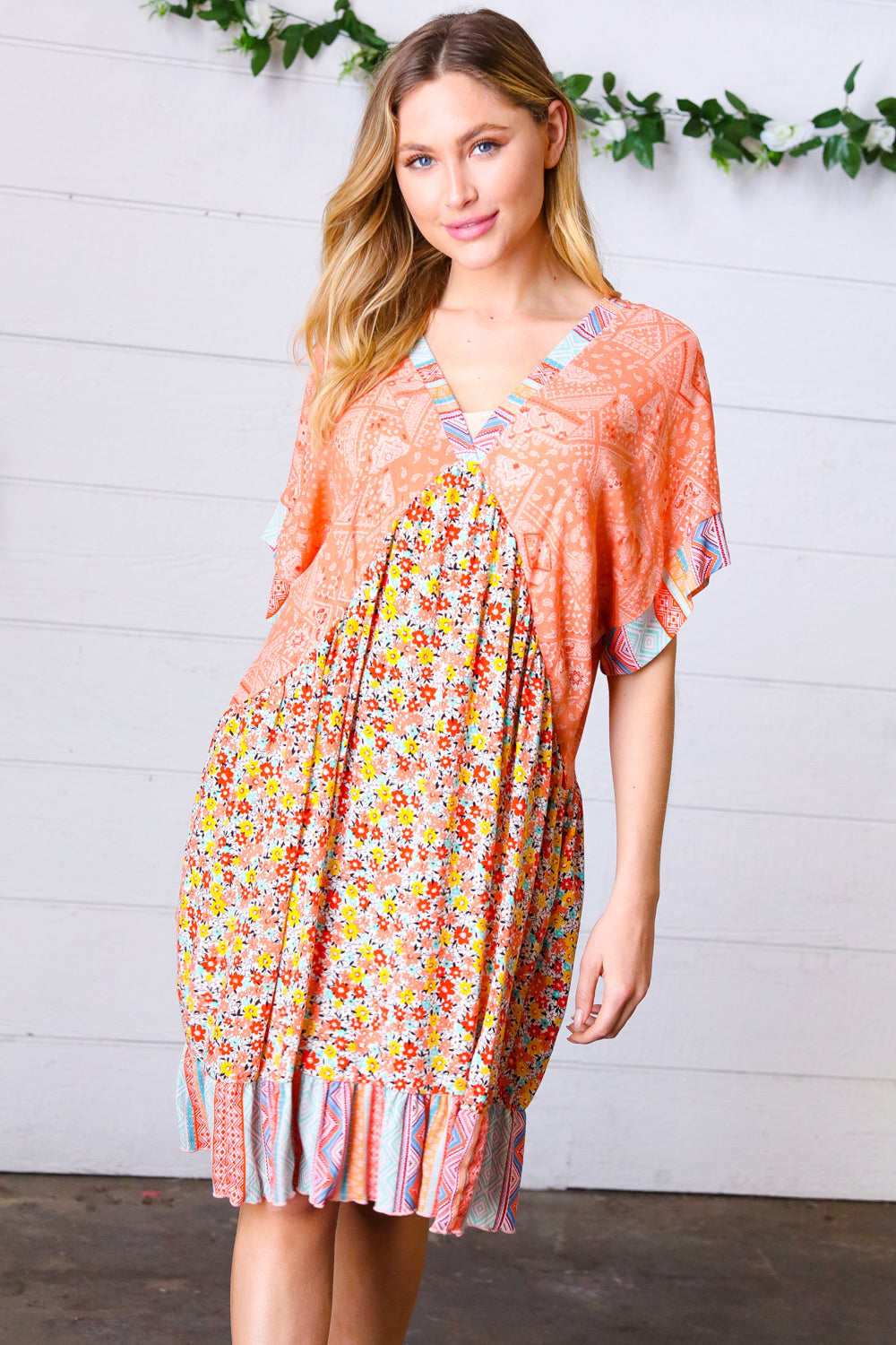 Apricot Boho Flower Colorblock V Neck Dress