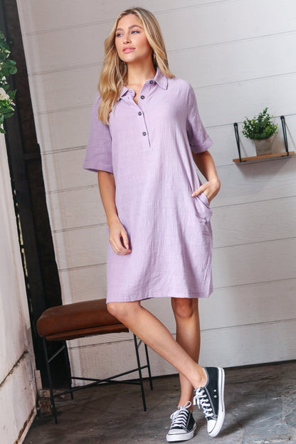 Dusty Lavender Cotton Placard Yoke Midi Dress