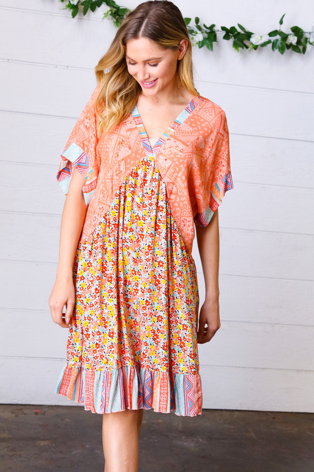 Apricot Boho Flower Colorblock V Neck Dress