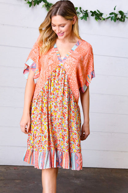 Apricot Boho Flower Colorblock V Neck Dress