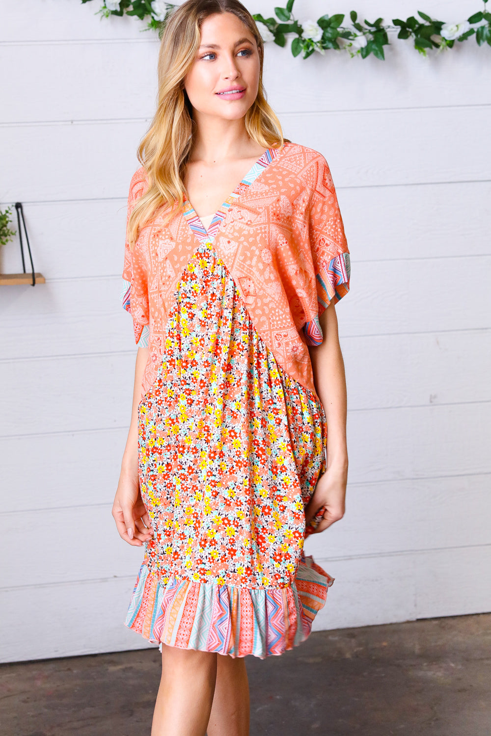 Apricot Boho Flower Colorblock V Neck Dress