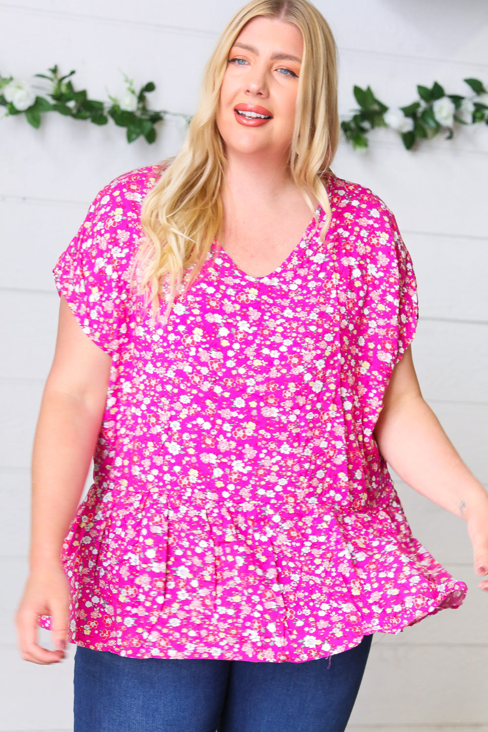 Fuchsia Floral Babydoll Woven Challis Top