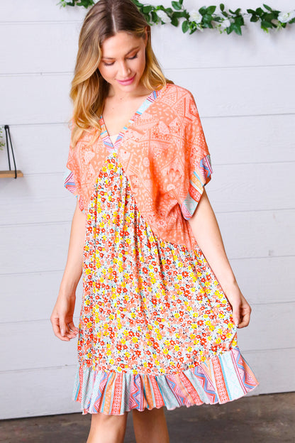 Apricot Boho Flower Colorblock V Neck Dress