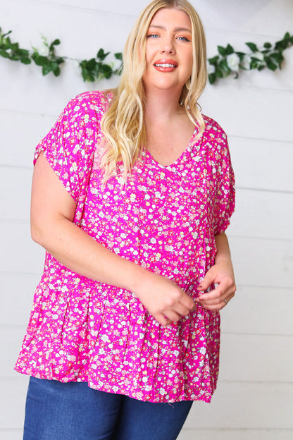 Fuchsia Floral Babydoll Woven Challis Top