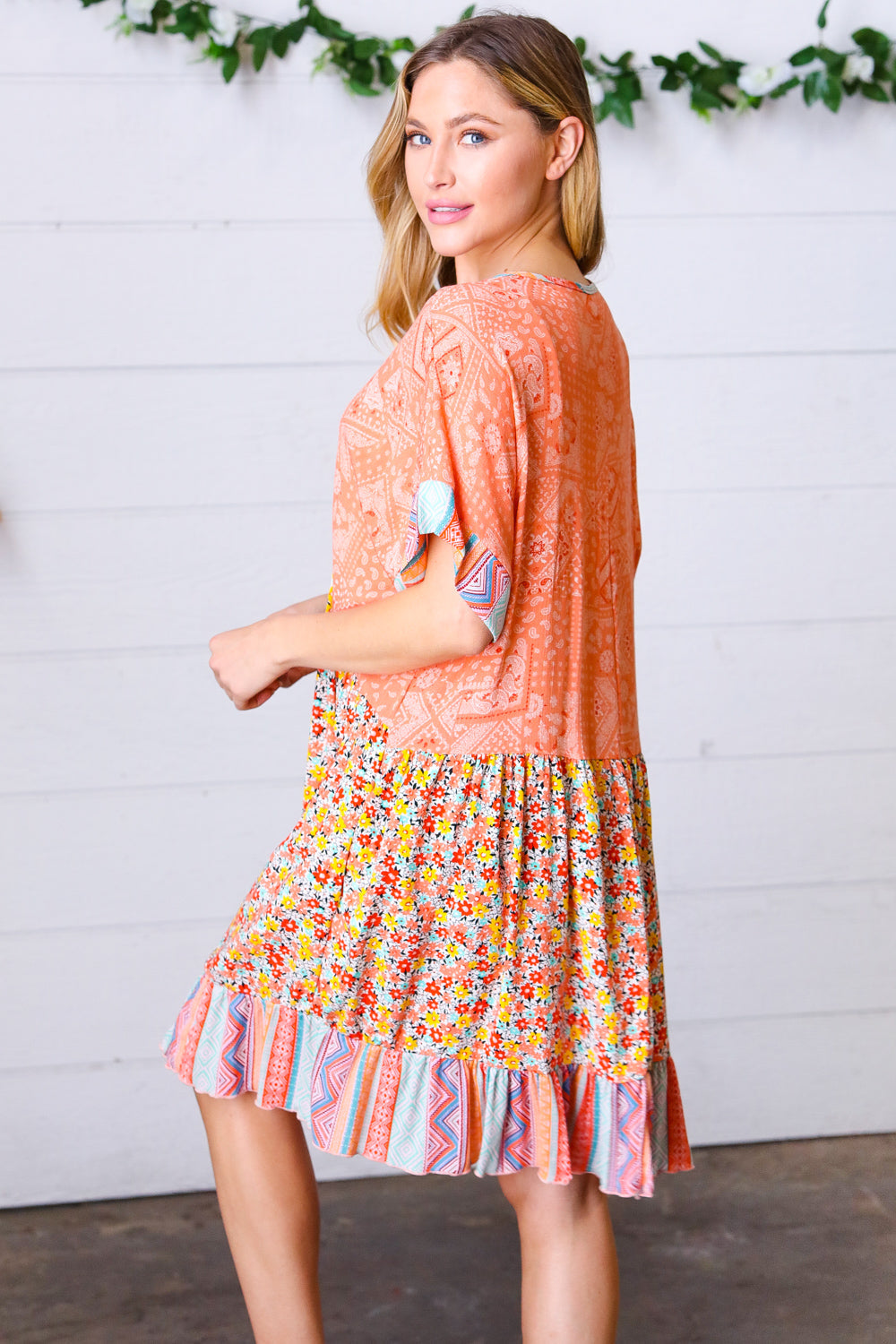 Apricot Boho Flower Colorblock V Neck Dress