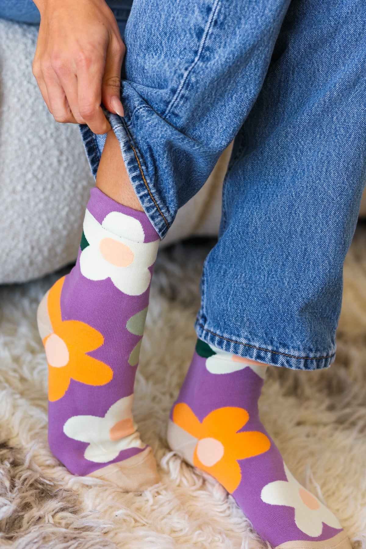 Plum Floral Print Crew Socks