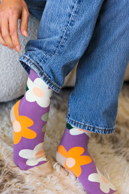 Plum Floral Print Crew Socks